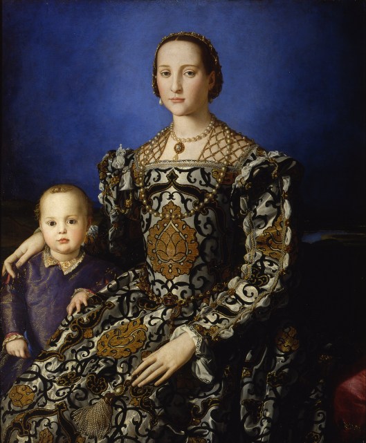 I love the colors and rendering of the fabric in this portrait of Eleonora of Toledo and her son Giovanni c1545 by Bronzino {{PD-Art}}