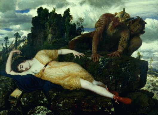 'Sleeping Diana Watched By Two Fauns' by Arnold Bocklin c1877 {{PD-Art}}