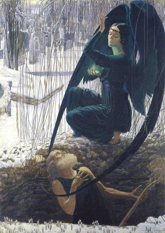 Each of us will hold the key to something special today; for some this will presage the upcoming Lunar eclipse. Detail of 'Death and the Gravedigger' by Carlos Schwabe c1890s {{PD-Art}}