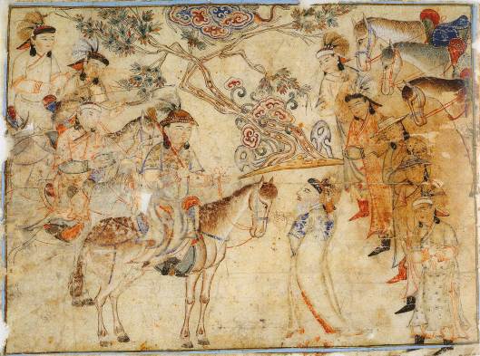 In this 14th century picture we see Ghenghis Khan in negotiations, in watercolors and gold on paper, from a work by Rashid-ad-Din {{PD}}