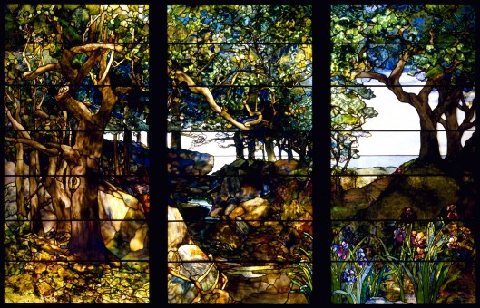 'A Wooded Landscape in Three Panels' Stained Glass by Louis Comfort Tiffany created c1905 {{PD}}