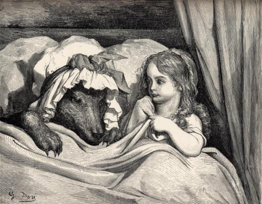 'Little Red Riding Hood and the Wolf' by Gustave Dore  pre-1883 {{PD-Art}}