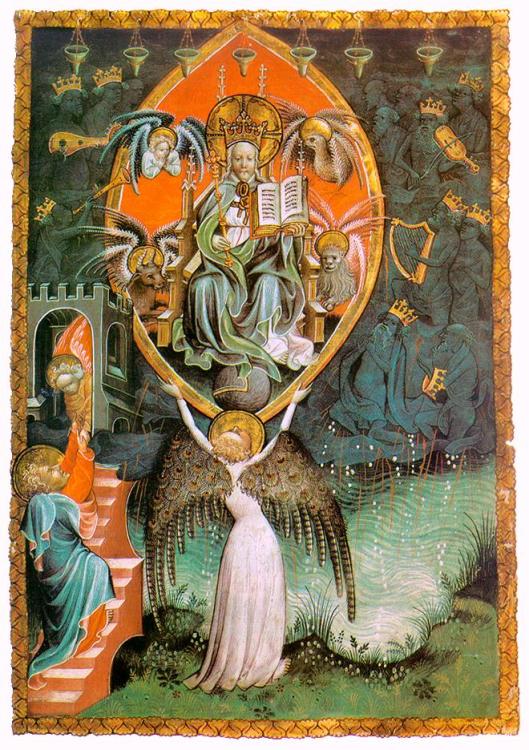 Notice the wings on the angel with uplifted arms. 'Vision of the Throne of the Lord (The Paris Apocalypse)' c1400 by an Unknown Miniaturist working in Liege {{PD}}