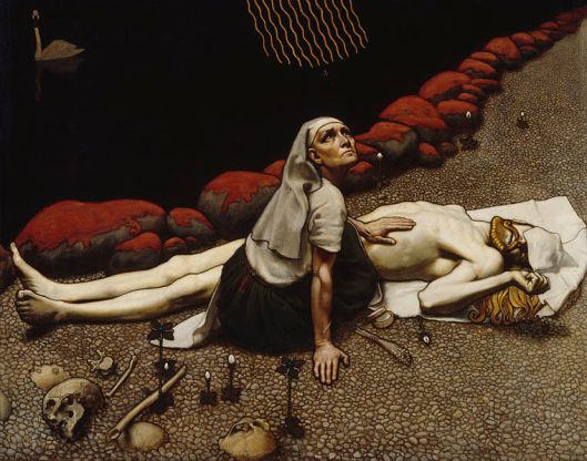 Painting by Akseli Gallen-Kallela, depicting a scene from Kalevala, a Finnish epic poem. The warrior Lemminkainen had been killed, his body hacked to pieces and thrown into the dark river that flows through the underworld, Tuonela. His mother, having collected the parts from the river and sewing them back together, looks up to see a single bee bringing back honey from the halls of the god Ukko, a wondrous ointment that would bring her son to life. This suggests Lilith as a mother, the lengths and dark depths to which she would go for her child, and the projection of the (sacrilegious) idea of taking resurrection into her own hands.