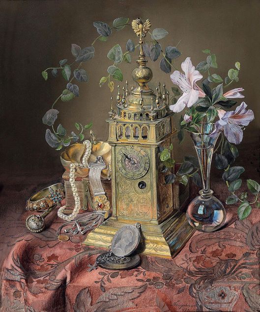 Josef Neugebauer Stillleben mit einer Uhr ('Still Life with a Clock') 1873 {{PD}}