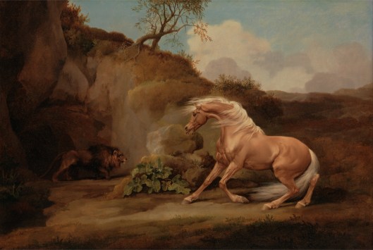 Leo, quit frightening everyone with your erratic behavior. 'Horse Frightened by Lion' George Stubbs c1765 {{PD}}