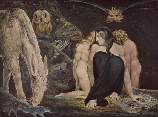 William Blake's depiction of Hekate reflects a lot of the cultural baggage she's been assigned. 1795 {{PD}}