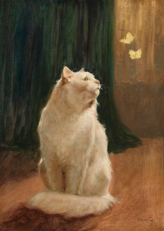 "White cat and two yellow butterflies' Arthur Heyer early 20th century {{PD}}