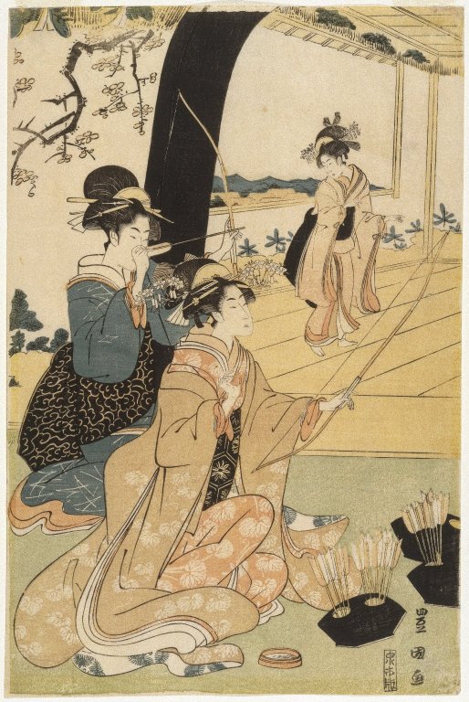 'Young Samurai and Female Attendants Practicing Archery' (Half of a Diptych) by Utagawa Toyokuni I c1800 {{PD}}