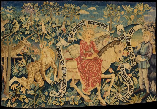 Linen tapestry showing two scenes from Der Busant, a Medieval poem c1485 {{PD}}