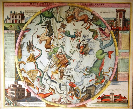 Johann Doppelmayr's map of the southern celestial hemisphere, c. 1730 titled: "Hemisphaerium Coeli Australe in quo Fixarum loca secundum Eclipticae ductum ad anum 1730." {{PD}} Photo courtesy of Ben Esq