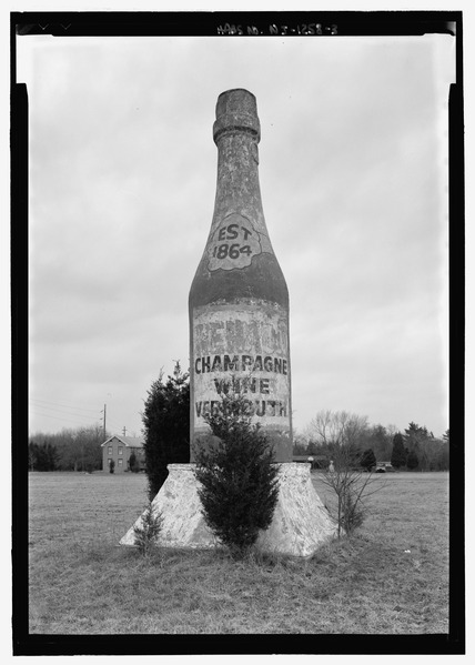 Elevation view of champagne bottle - Renault Winery Champagne Bottle, Route 9, New Gretna, Burlington County, NJ {{PD}}