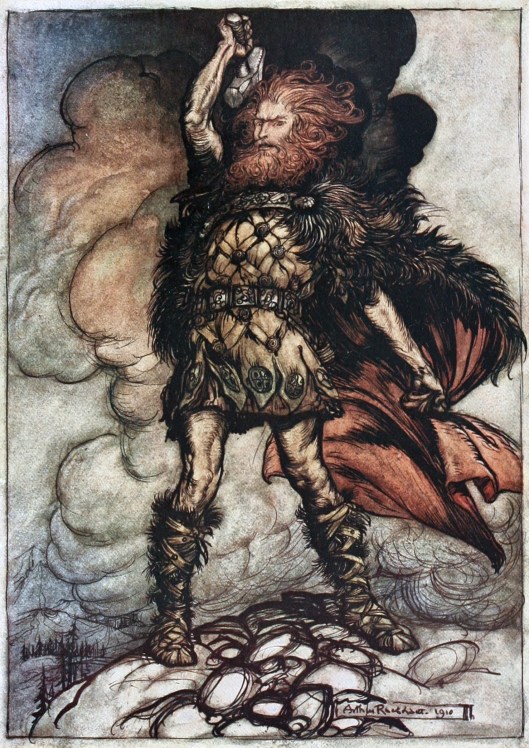 "To my hammer's swing / Hitherward sweep / Vapours and fogs! / Hovering mists! / Donner, your lord, summons his hosts!" Arthur Rackham  (illustrator) 'The Rhinegold & the Valkyrie'  (1910) {{PD}}