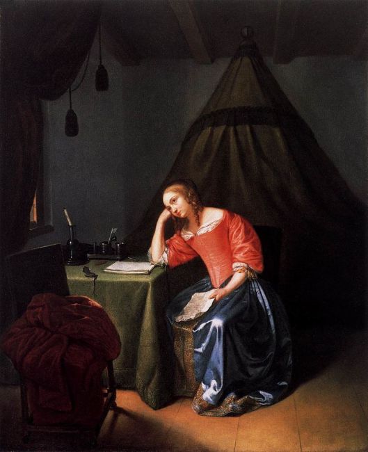 Though we've got clear ideas on how to advance our cause, we may get distracted. Caspar Netscher - 'Young Girl Holding a Letter' c1665 {{PD}}