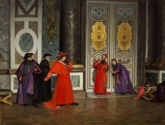 Cardinals in the anteroom of the Vatican--trying to listen in, of course. By Henri Adolphe Laissement 1895 {{PD}}