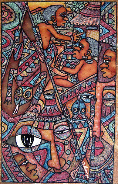 African Riddle" by John Mainga - (33x53cm), acrylics and watercolors on leather Photo by Todd Schaffer Creative Commons Attribution-Share Alike 3.0 Unported