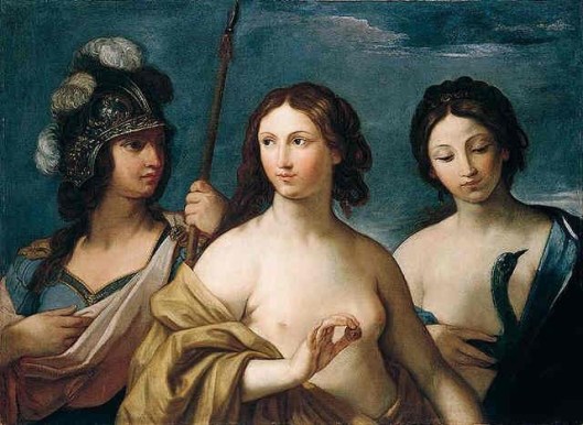 A kind of family portrait, with a female guise of Pluto in Minerva, per some astrologers, mostly notably Isabel Hickey. 'Minerva, Venus and Juno (The Judgement of Paris)' Giovanni Andrea Sirani 1638 {{PD}}