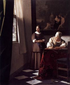 Johannes Vermeer - 'Lady Writing a Letter with Her Maid' c1670 {{PD}}