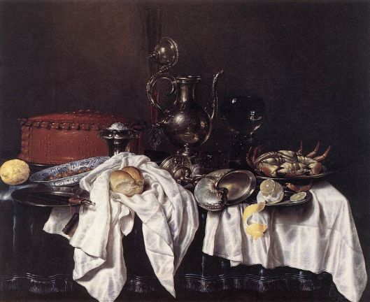 Still Life with Pie, Silver Ewer and Crab by Willem Claeszoon Heda (1658) {{PD}}