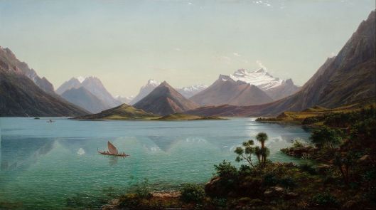 Eugène von Guérard. 'Lake Wakatipu with Mount Earnslaw, Middle Island, New Zealand' 1877 - 1879 {{PD}}