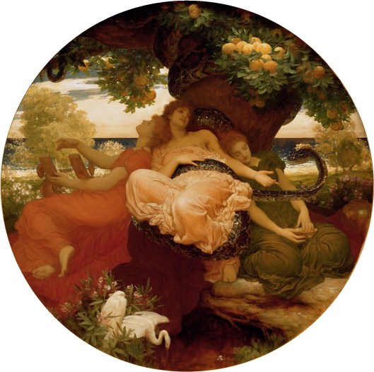 Hesperides were guardians of the tree that produced golden apples, a gift to earth from Hera. Frederic Leighton, 1892 {{PD}}