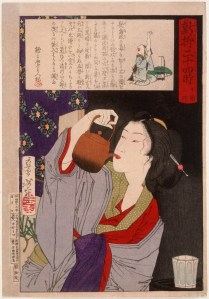 Tsukioka Yoshitoshi  'Geisha Drinking from Sake Kettle at 2:00 a.m.' Now THAT'S overdoing it. {{PD}}
