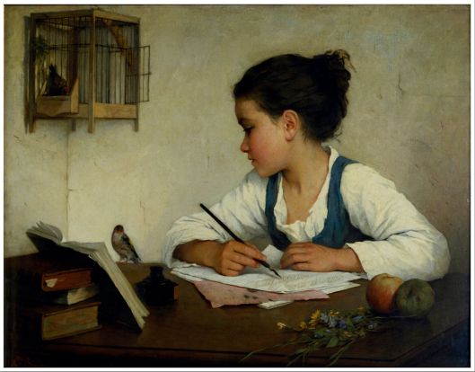 Henriette Browne  - 'A Girl Writing; The Pet Goldfinch' c1870 {{PD}}