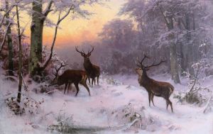 'Hirsche im Winterwald' (Deer in a Winter Forest), A. Thiele 1874 {{PD}}