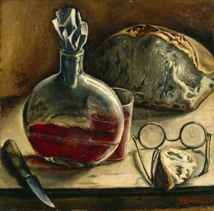 François Barraud - 'Nature morte avec carafe de vin, pain et lunettes' c1930 {{PD}}
