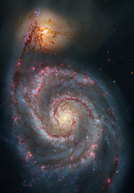 NGC 5194 Over 60,000 light-years across, M51's spiral arms and dust lanes clearly sweep in front of its companion galaxy (top), NGC 5195. Image data from the Hubble's Advanced Camera for Surveys has been reprocessed to produce this alternative portrait of the well-known interacting galaxy pair. They about 31 million light-years distant. Not far from the handle of the Big Dipper, they officially lie within the boundaries of the constellation Canes Venatici NASA {{PD}}